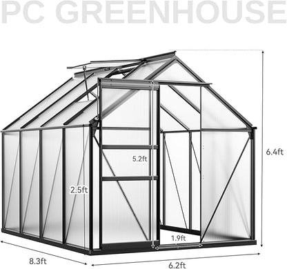 YITAHOME Polycarbonate 6x8FT Greenhouse Heavy Duty Green Houses Outdoor Greenhouses Aluminum Sliding Doors Vent Window Premium Large Sun House for Garden Backyard, Black