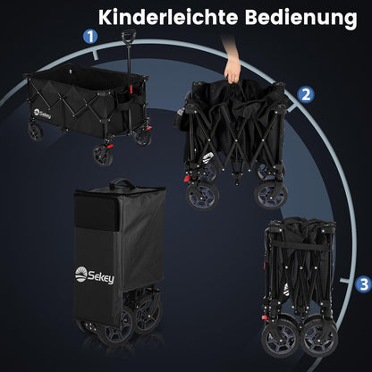 Sekey 220L Collapsible Foldable Wagon with 330lbs Weight Capacity, Heavy Duty Folding Wagon Cart with Big All-Terrain Wheels & Drink Holders (Black)