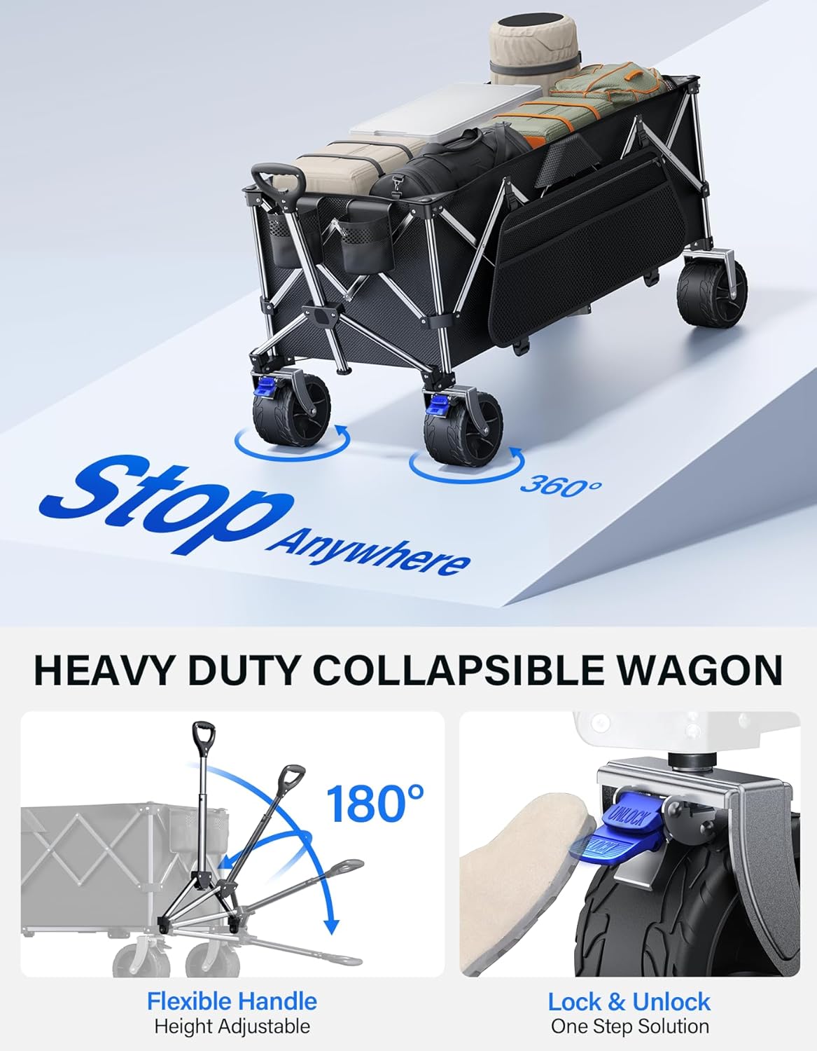 Wagons Carts Foldable Heavy Duty,440lbs Capacity & 350L Collapsible Utility Cart with Big All Terrain Wheels for Beach, Garden, Camping, Grocery Coal Black
