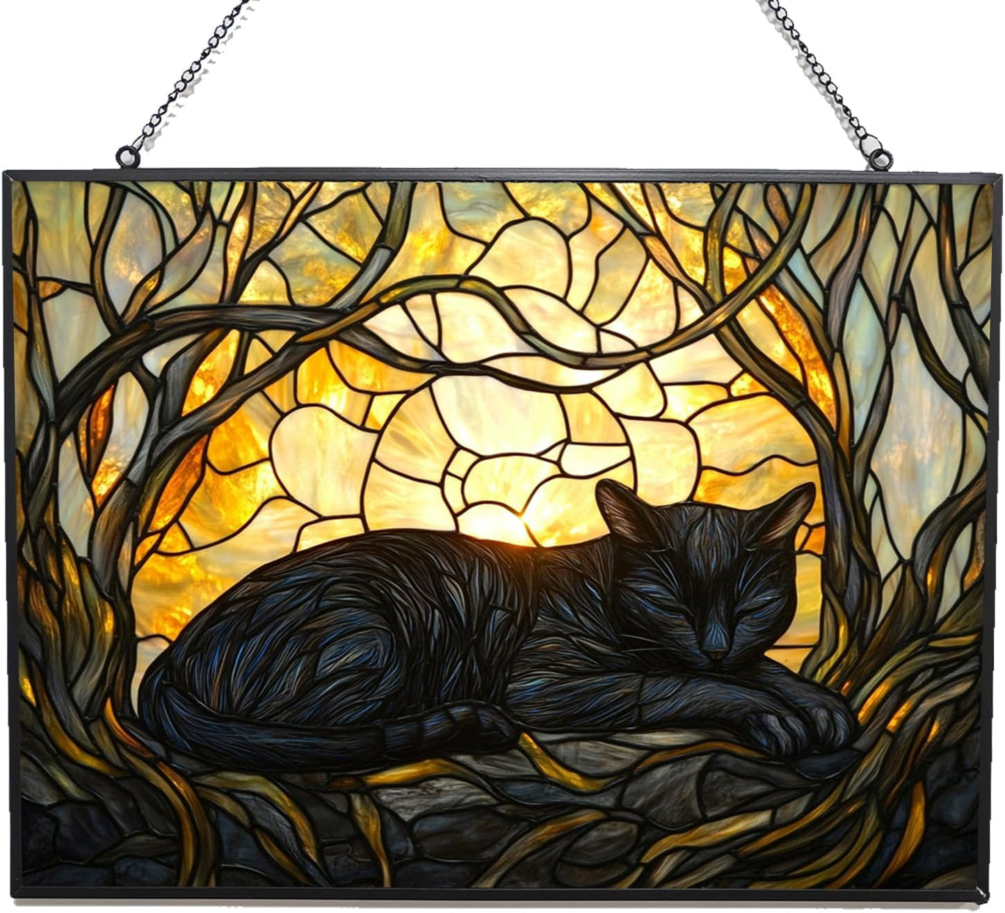 Rectangle Art Nouveau Black Cat Sunbeam Stained Glass Window Hanging Customized Suncatcher Glass Panel with Metal Chain Sun Catchers Wall Art Home Decor Gift for Women Mother's Day