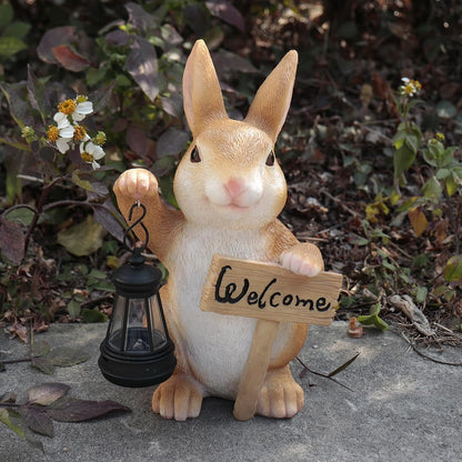 Solar Rabbit Garden Statue with Welcome Sign, Solar Rabbit Welcome Light Decor, Bunny Statues, Garden Decor for Patio Lawn Yard