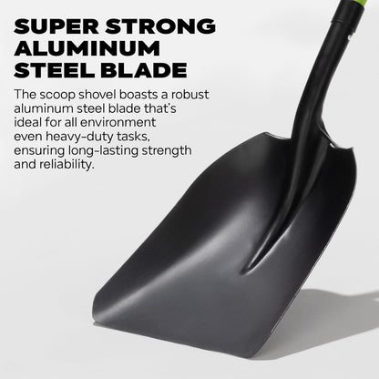 IDZO Aluminum Steel Scoop Shovel Heavy Duty, Ideal Height 44 1/2 Inches Metal Shovel with Strong Aluminum Steel Wide Blade, Durable Grain Shovel, Fiberglass D Handle with Ergonomic EPE Foam Grip
