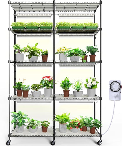 Barrina CX1 Plant Stand with Grow Lights for Indoor Plants, 5-Tier Large Tall Metal Plant Shelf with 1.6FT 20W(Per Light) Full Spectrum Plant Lights for Indoor Growing, 47x13.8x70.9IN