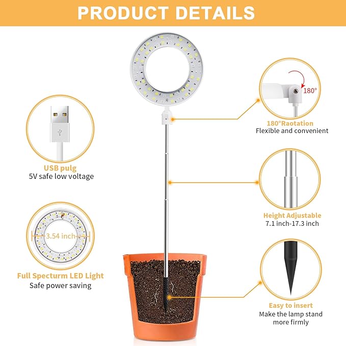Juhefa Grow Light for Indoor Plants Growing, 4000K Full Spectrum Halo Plant Lamp for Seedlings Succulents Small Mini Plants, 3 Colors Spectrum Changeable & Auto On Off Timer 4/8/12/18Hrs (2 Pack)