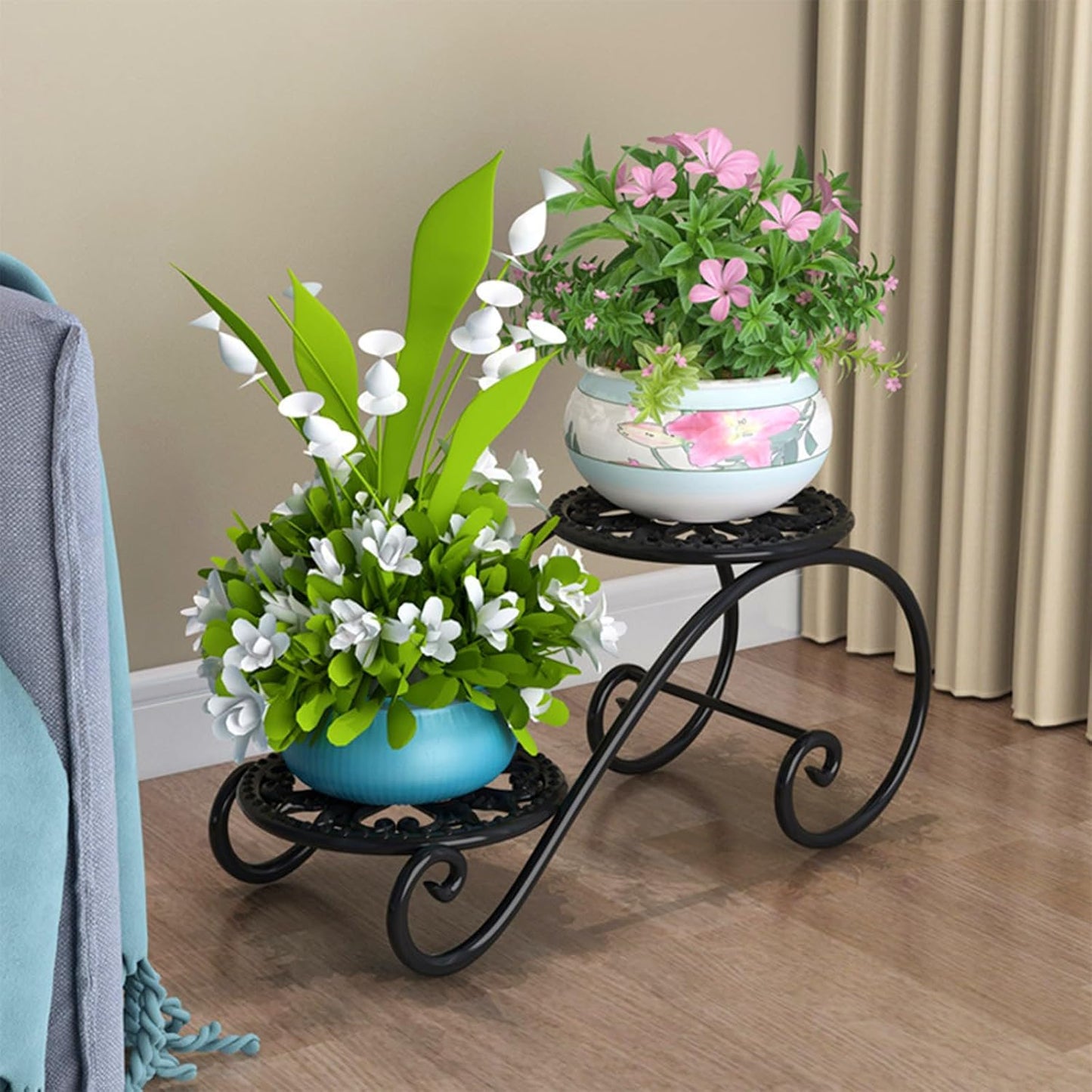 2 Tier Golden Plant Stand for Indoors, Beautiful Appearance And Cute Shape. Black 1 Pcs