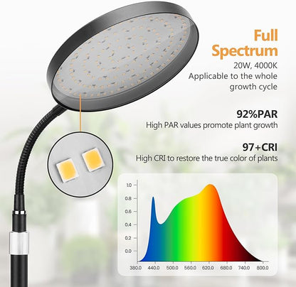 Grow Light for Indoor Plant, 20W Full Spectrum Round Growing Warm Lights,10 Dimmable Brightness,LED Floor Growing Lamp,Height Adjustable,Flexible Gooseneck,Automatic Timer for Large Tall Plants