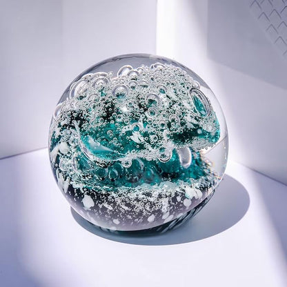 Decorative Crystal Ball Figurines Ocean Waves Paperweight Blown Glass Decor Sea Art Ocean Lovers Gift Green White 3.15"
