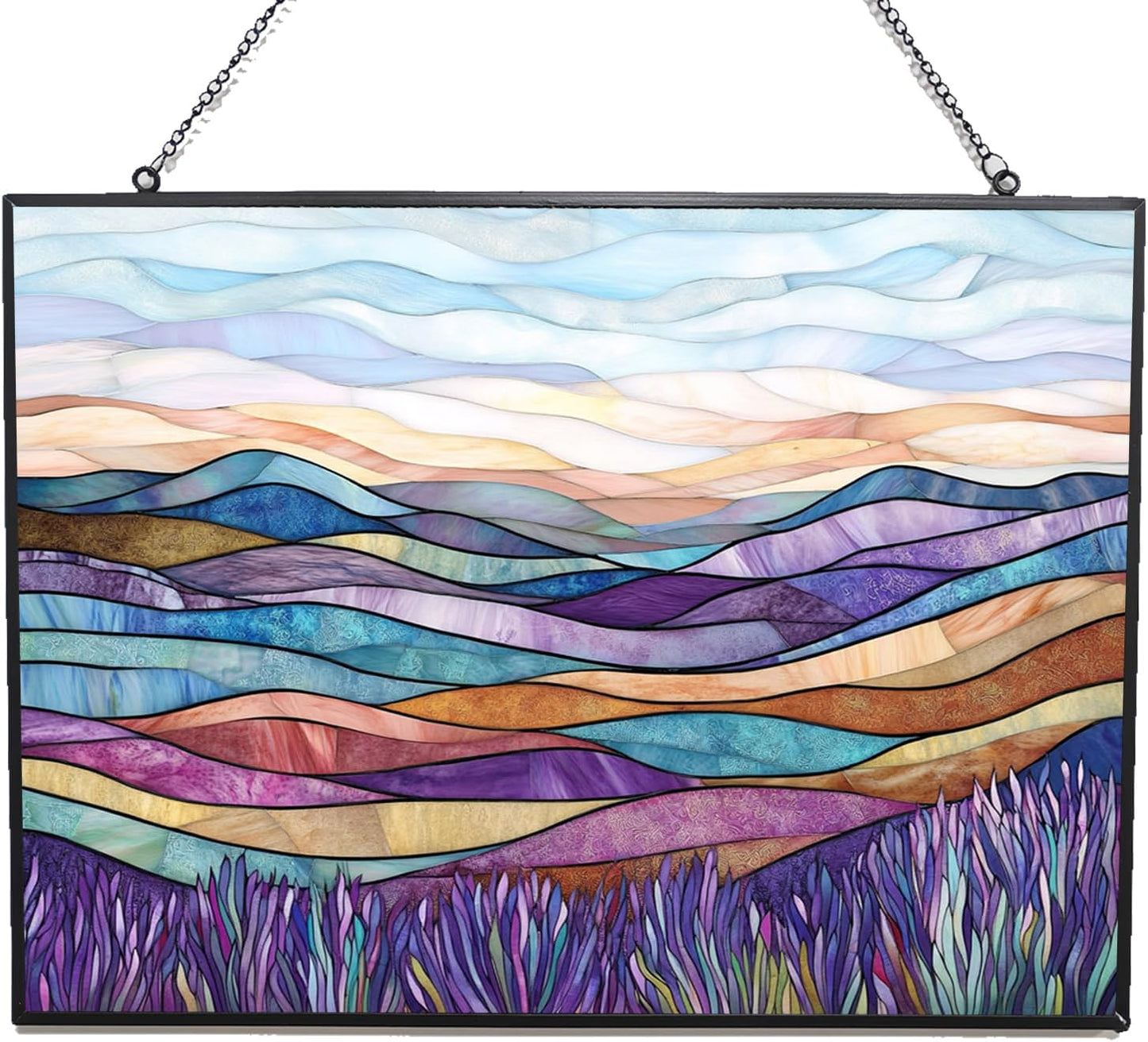 Personalized Rectangle Boho Lavender Hills Stained Glass Window Hangings Stained Glass Suncatcher Birthday Gift for Mom Grandma Teacher Women Friend Memorial Hook