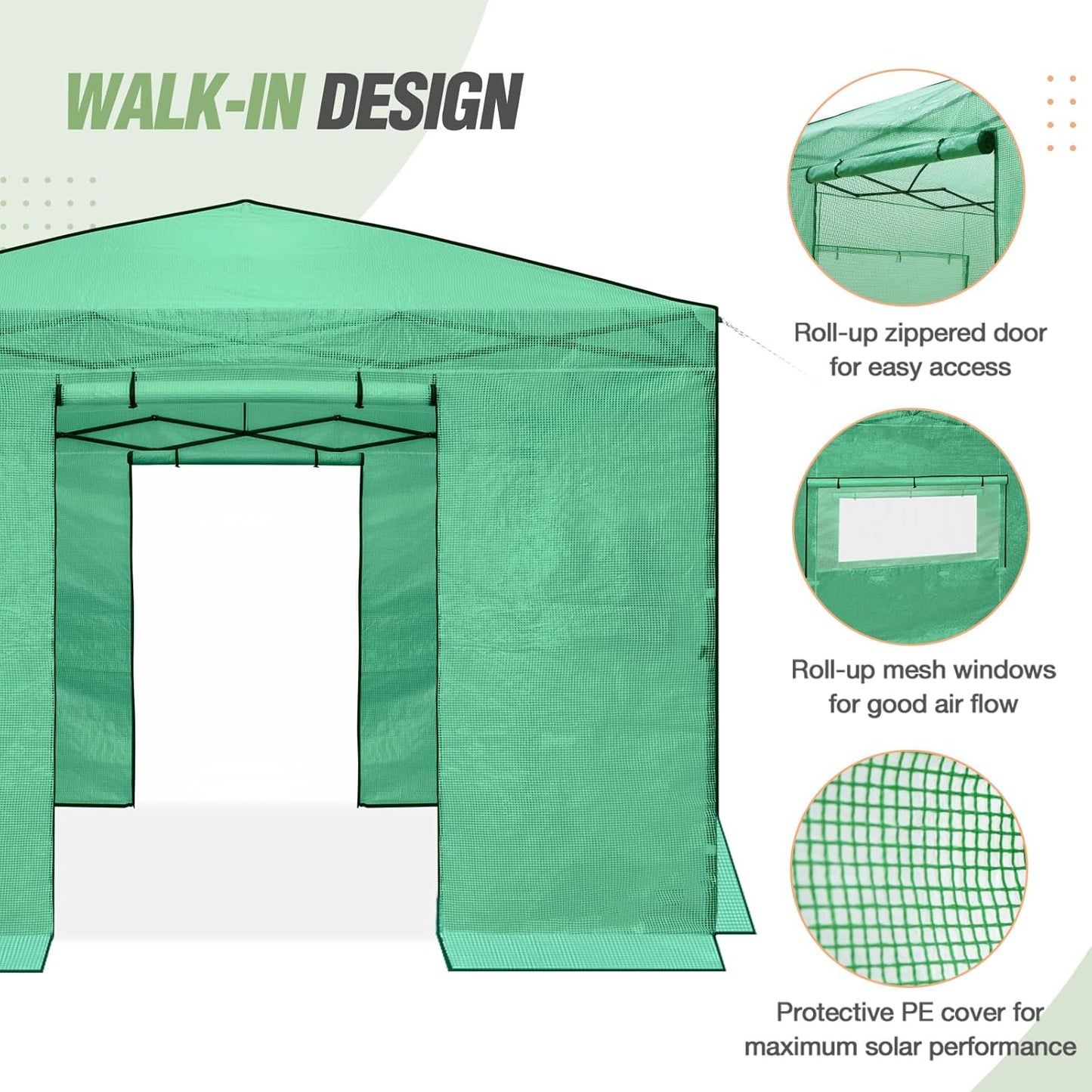 EAGLE PEAK Replacement Cover for 10x10 Portable Walk-in Pop up Greenhouse, Front Roll-Up Zipper Entry Door and 2 Large Roll-Up Side Windows (Frame Not Included), Green