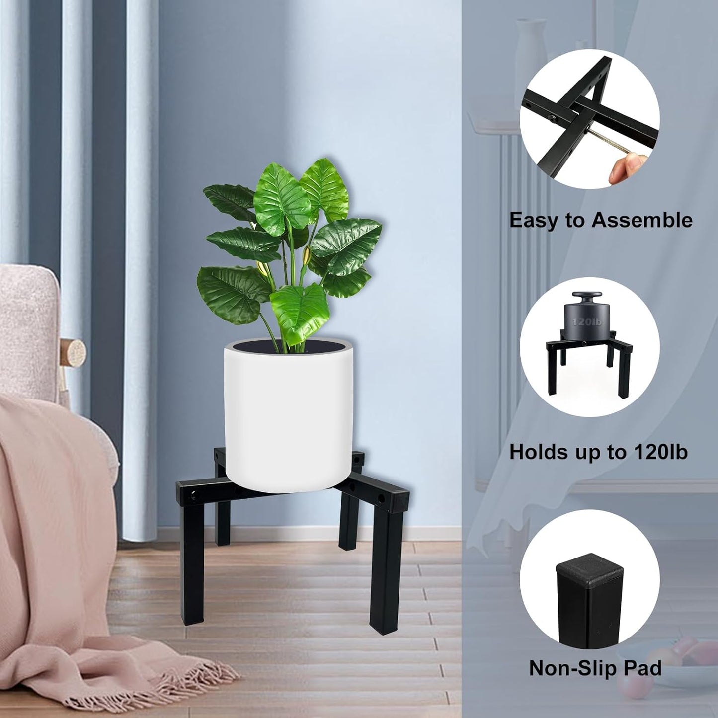 Four Legs Adjustable Metal Plant Stand for 5"-10" Plant Pot – Indoor & Outdoor (Black, 1 Pack)