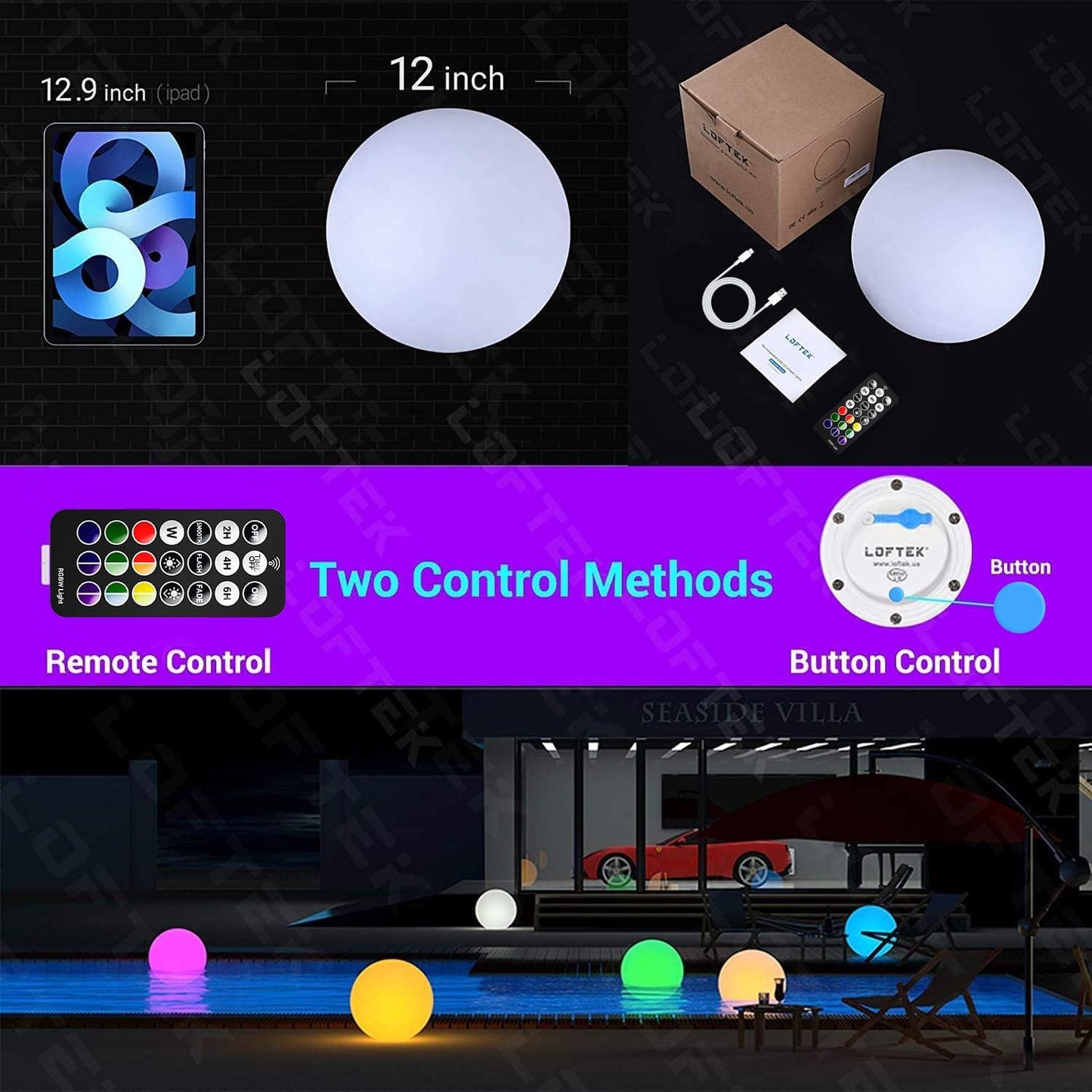 LOFTEK Pool LED Light Ball - 12-inch Sphere Lamp Rechargeable - 16 RGB Cool Lamp for Bedroom Ambient Lighting - Smart Night Light for Baby Nursery - Waterproof Light for Yard & Pool Decor, 1PCS