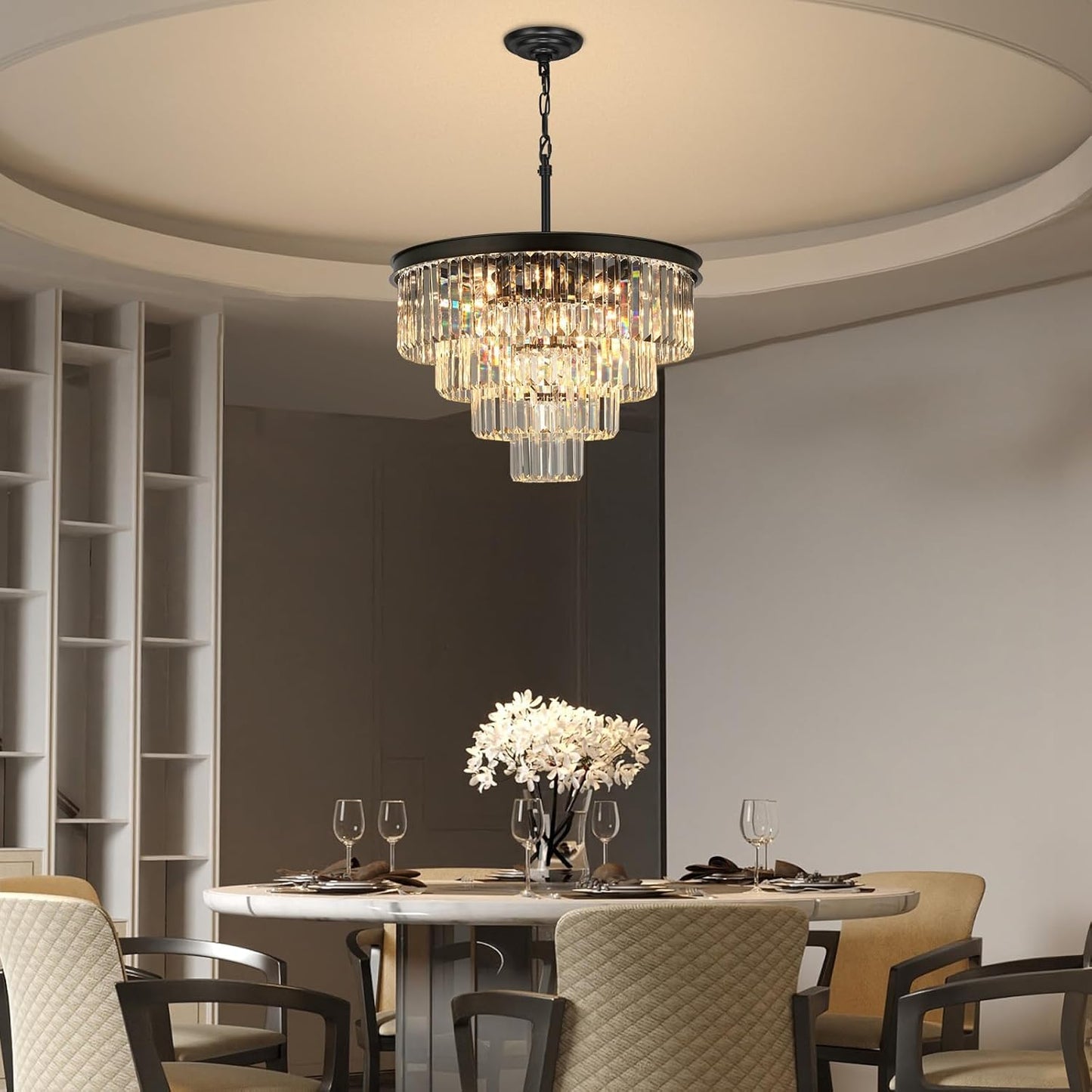 Crystal Chandeliers for Dining Room Lights Fixture Over Table, 15 Lights Black Modern Chandeliers for Living Room, 4-Tier Round Crystal Lighting Fixtures for Bedroom Entryway Kitchen Island D24 Inch