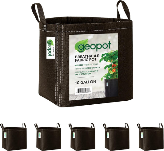 GeoPot 10 Gallon Fabric Grow Bags with Handles - 5-Pack - Black - Aerated - Indoor/Outdoor