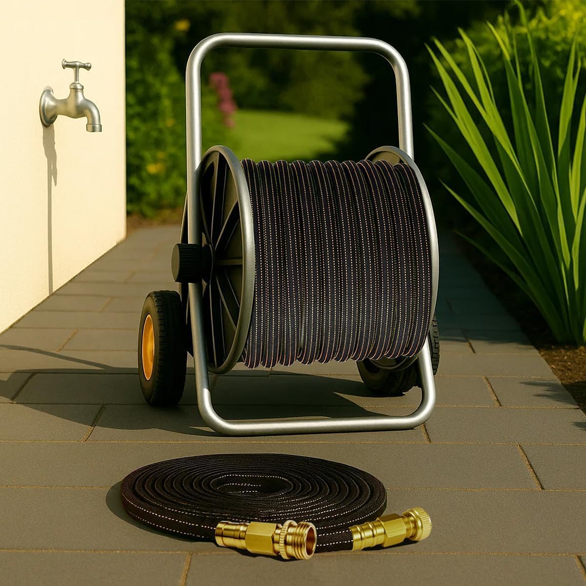 30FT Lightweight Garden Hose,Flexible Water Hose with Solid Brass Head,Kink-Free,Collapsible Hose,High Pressure Flat Water Hose for RV,Boat,Car Wash,Garden,Yard,Camper (OrangeBlack, 30FT+Nozzle)