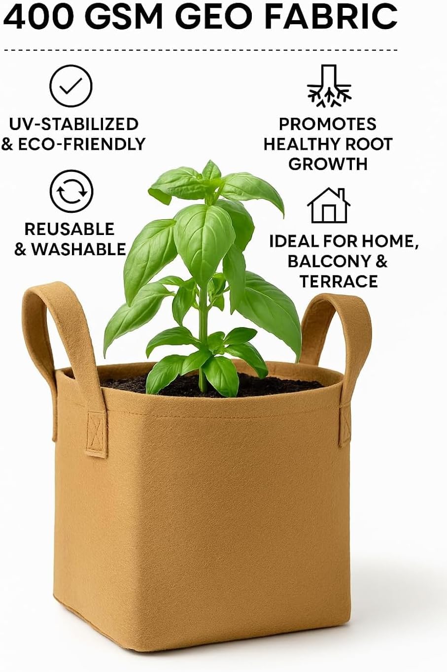 Square Geo Fabric Grow Bag 400 GSM Durable Breathable UV Resistant Reusable Plant Container for Herbs, Vegetables Flowers Space Saving Gardening Pack of 2 (Green, 15 inch) (Camel)