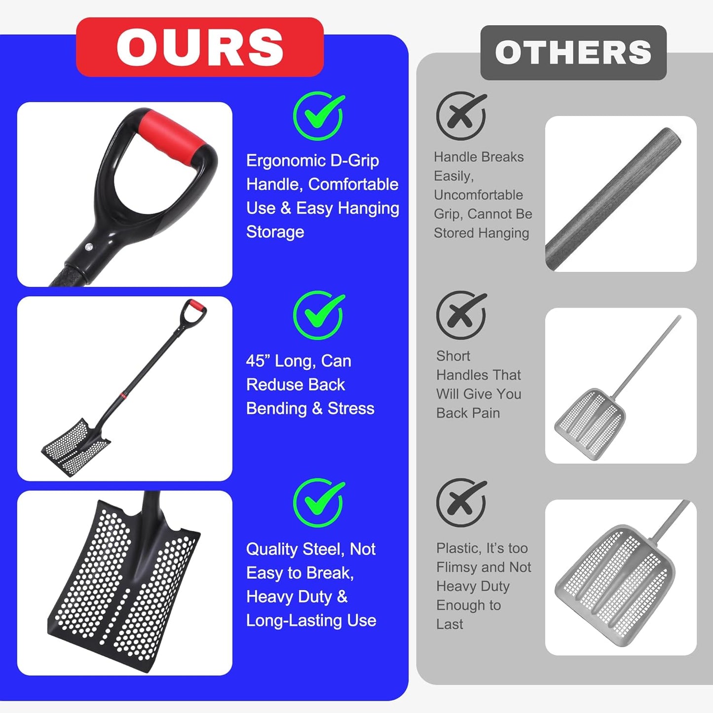 SHARK ATTACK Heavy Duty Sifting Shovel, 45 Inch Powder Coated Steel Mesh Shovel with D-Grip Handle for Beach, Soil & Chicken Coop, Farm Goat Stall Sand Poop Cleaning