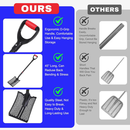SHARK ATTACK Heavy Duty Sifting Shovel, 45 Inch Powder Coated Steel Mesh Shovel with D-Grip Handle for Beach, Soil & Chicken Coop, Farm Goat Stall Sand Poop Cleaning