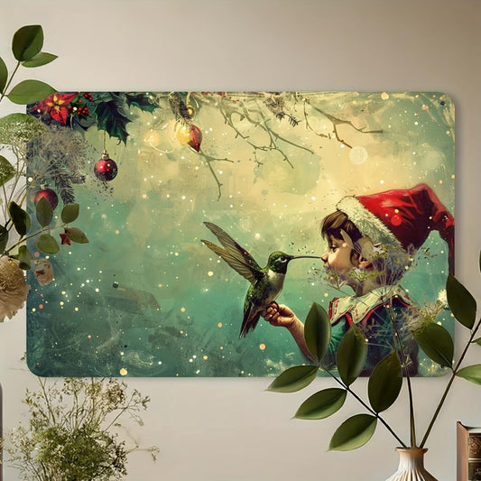 Vintage Christmas Elf & Hummingbird Metal Tin Sign - Festive Wall Art For Home, Gym, Cafe, Garage & Garden Decor, Durable Iron, Easy To Hang, 12X8 Inches