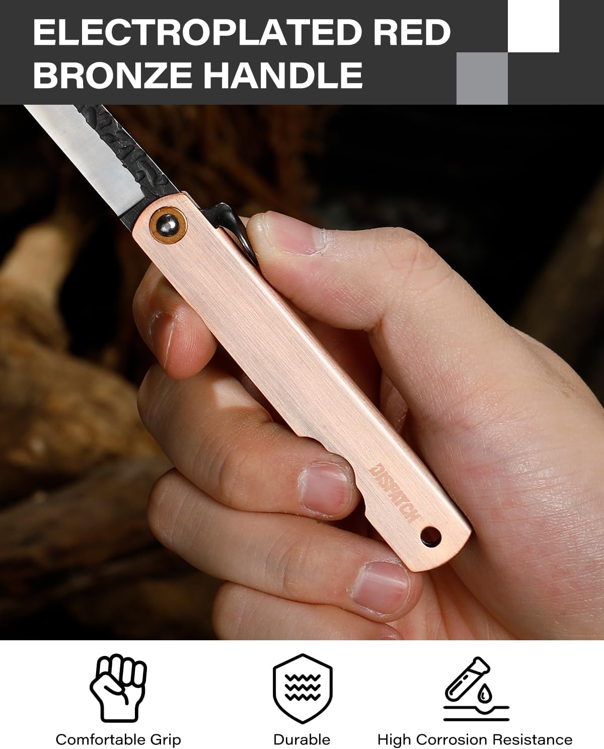 Dispatch EDC Pocket Knife, 2.8" Full Panel Plain Edge Blade Folding Knife with 7Cr13Mov Black Stonewashed Forged Blade & Red Bronze Electroplated Handle, Includes Black PU Sheath