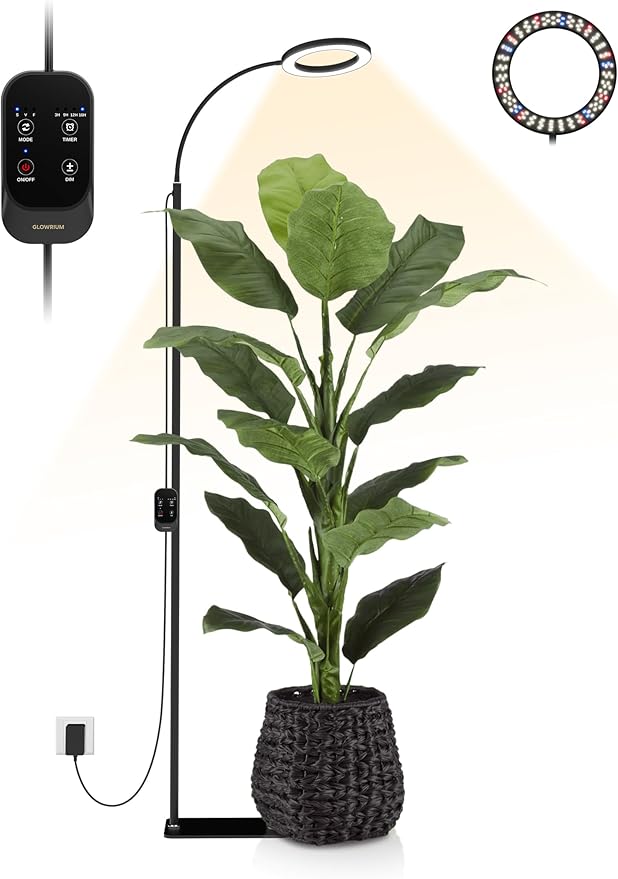 GLOWRIUM 24W LED Grow Light for Indoor Plants, 23.5-71" Adjustable Height, 3-Growing Full Spectrum for Tall Grow Light, High PPFD, 3/9/12/16H Timer, 6-Level Dimming, Ideal for Large Tall Plants