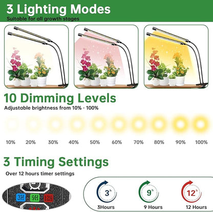 Full Spectrum Grow Light for Indoor Plants, Dual Heads Grow Lights with 10 Dimmable Levels & 3 Timer Modes (3/9/12H), Adjustable 360° Gooseneck for Plants Indoor Growing(2 Pack)