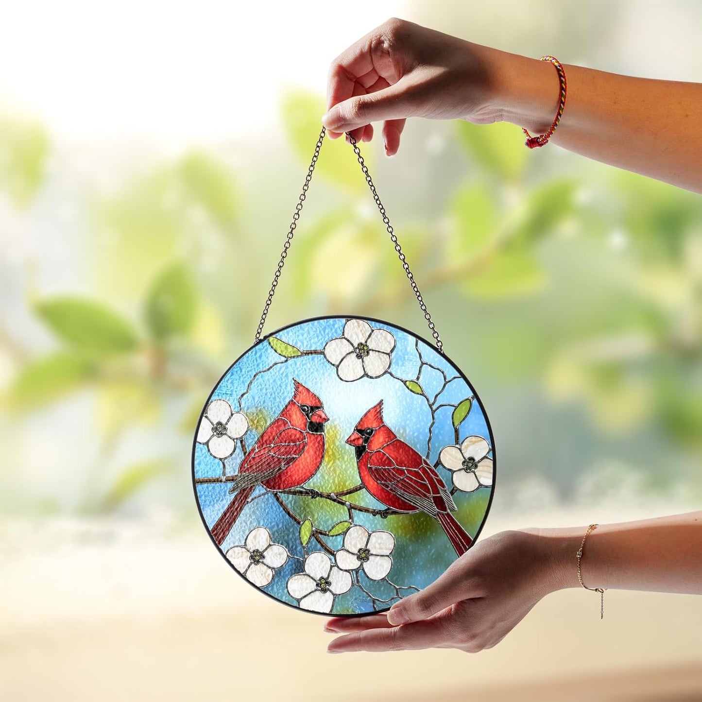 7.8" Cardinal Bird Stained Glass Suncatchers Art Glass Red Birds and Flowers for Sun Catcher Indoor Window Gifts for Nature Floral Bird Lovers Memorial Gift for Women Painted Panel Décor BIRD-37B-SG8