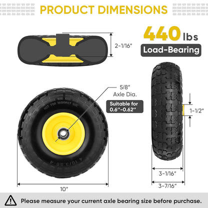 TICONN 10" Solid Tires, 4 Pack Flat Free 4.10/3.50-4'' Wheels with 5/8” Axle Bore Hole and Double Sealed Bearings (Yellow, 4PK)