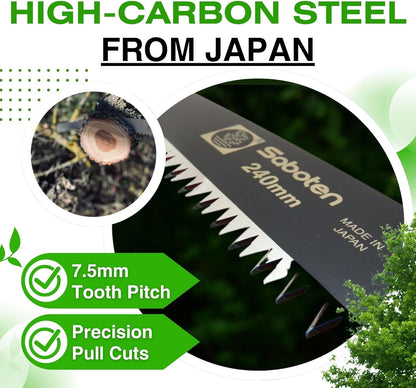 Saboten Japan 9.4" Japanese Pruning Saw – Fluorine-Coated High-Carbon Steel Blade, Traditional Wooden Handle, Precision Pull Cut Tool for Branches – forest Originals, Made in Japan