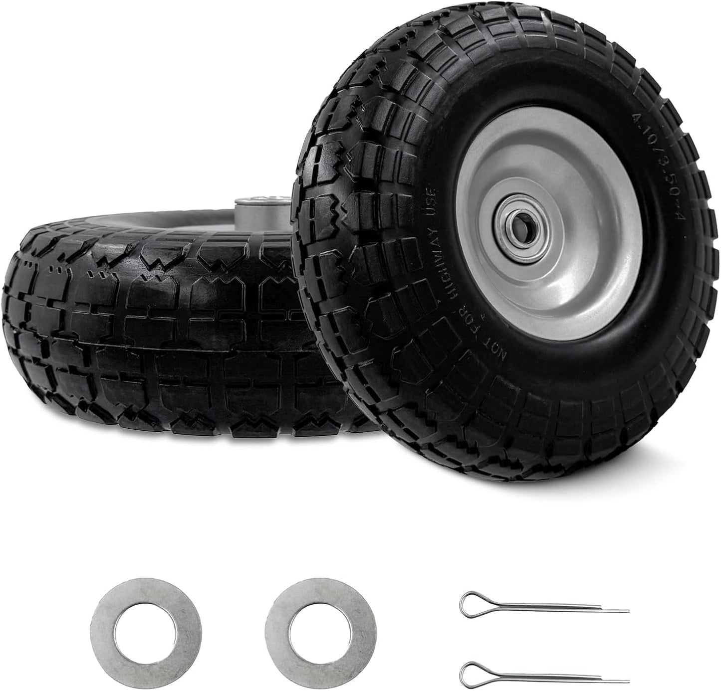 10-Inch 4.10/3.50-4 Tire and Wheel Flat Free, Heavy Duty Solid Replacement Tire with 5/8" Bearings, for Wheelbarrows Hand Trucks Dollies Trolleys Generators, (2-Pack) (Gray)