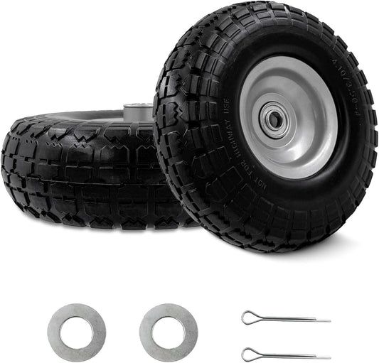 10-Inch 4.10/3.50-4 Tire and Wheel Flat Free, Heavy Duty Solid Replacement Tire with 5/8" Bearings, for Wheelbarrows Hand Trucks Dollies Trolleys Generators, (2-Pack) (Gray)