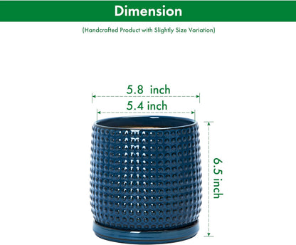 D'vine Dev 6 Inch Ceramic Beaded Stoneware Planter Pot - Flower Pot with Drainage Holes and Saucers for Indoor Succulent Plants or Flowers, Midnight Blue, 27-C-X-3