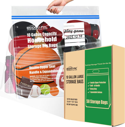 10 Gallon Large Storage Bags with Handle, 50 Counts | Double Zipper Seal | Expandable Bottom, Resealable Clear zip Bags for Home, Travel, Moving Commercial and Outdoor