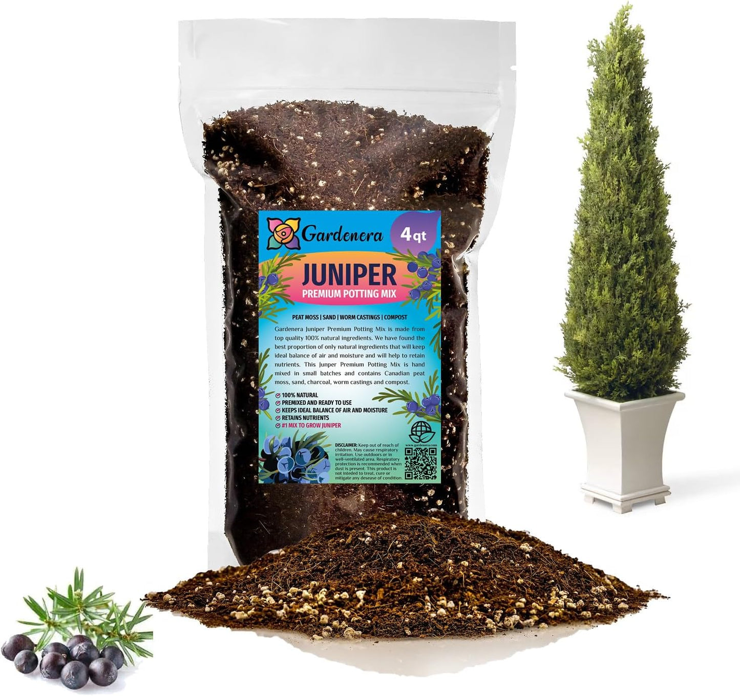 GARDENERA Premium Juniper Potting Soil Mix - Perfect Balance of Nutrients, Drainage, and Aeration for Healthy Juniper Trees - 4 Quart