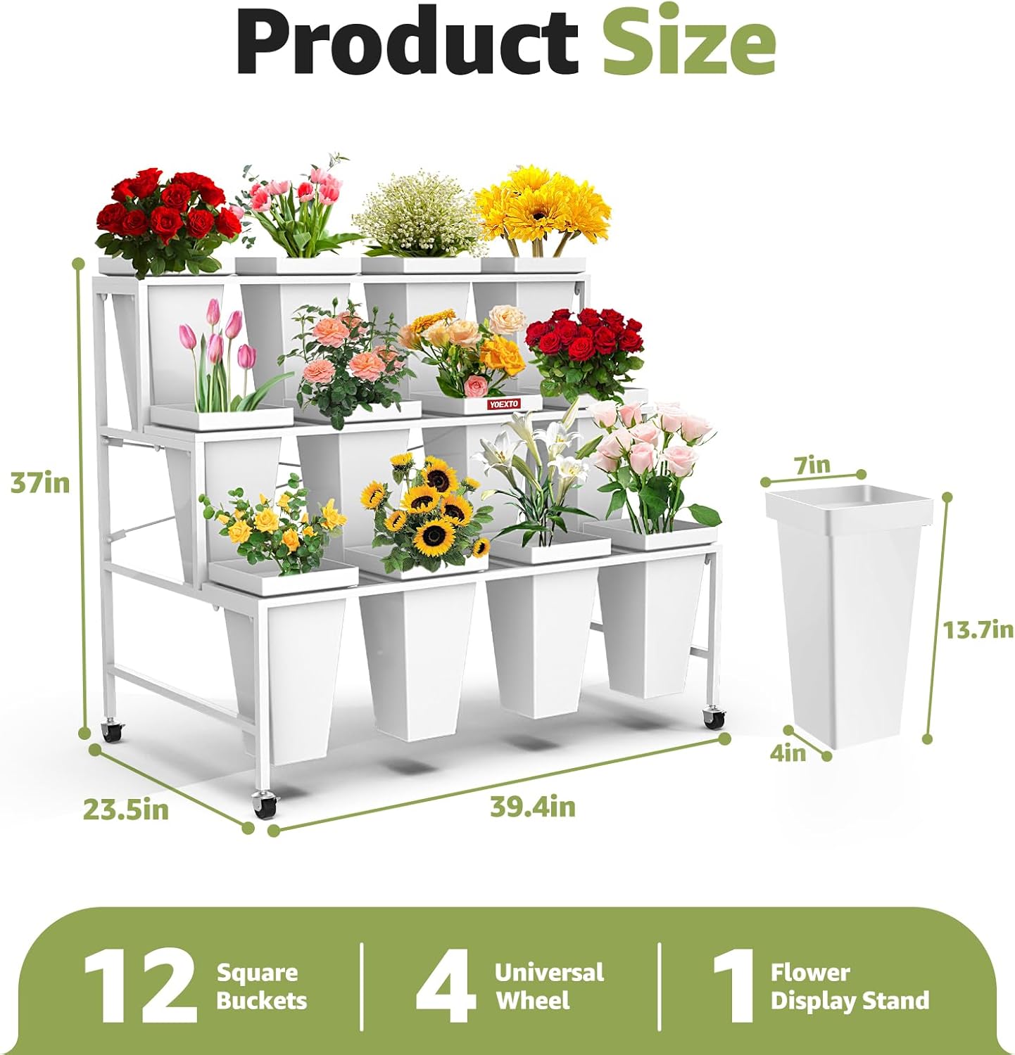 Flower Display Stand 3 Layers with 12 PCS Round Buckets, Plant Stand with Wheels, Movable Metal Plant Stand for Terrace Garden, Living Room, Florist Shop