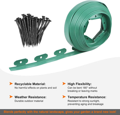 Garden Edging - 30 Feet Plastic Landscaping Edging Border with 27 Pack Spikes Apply to Flower Beds/Grass Lawn/Yard (1.57Inches Tall, Green)