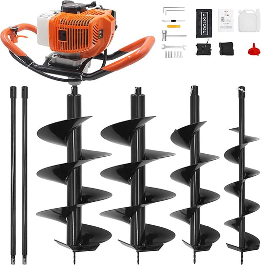 62CC Newly Upgraded Post Hole Digger Gas Powered, 2 Stroke Auger Post Hole Digger with 3 Drill Bits (4" & 6" & 12") + 2 Extension Rod for Planting - Ideal for Farm & Garden