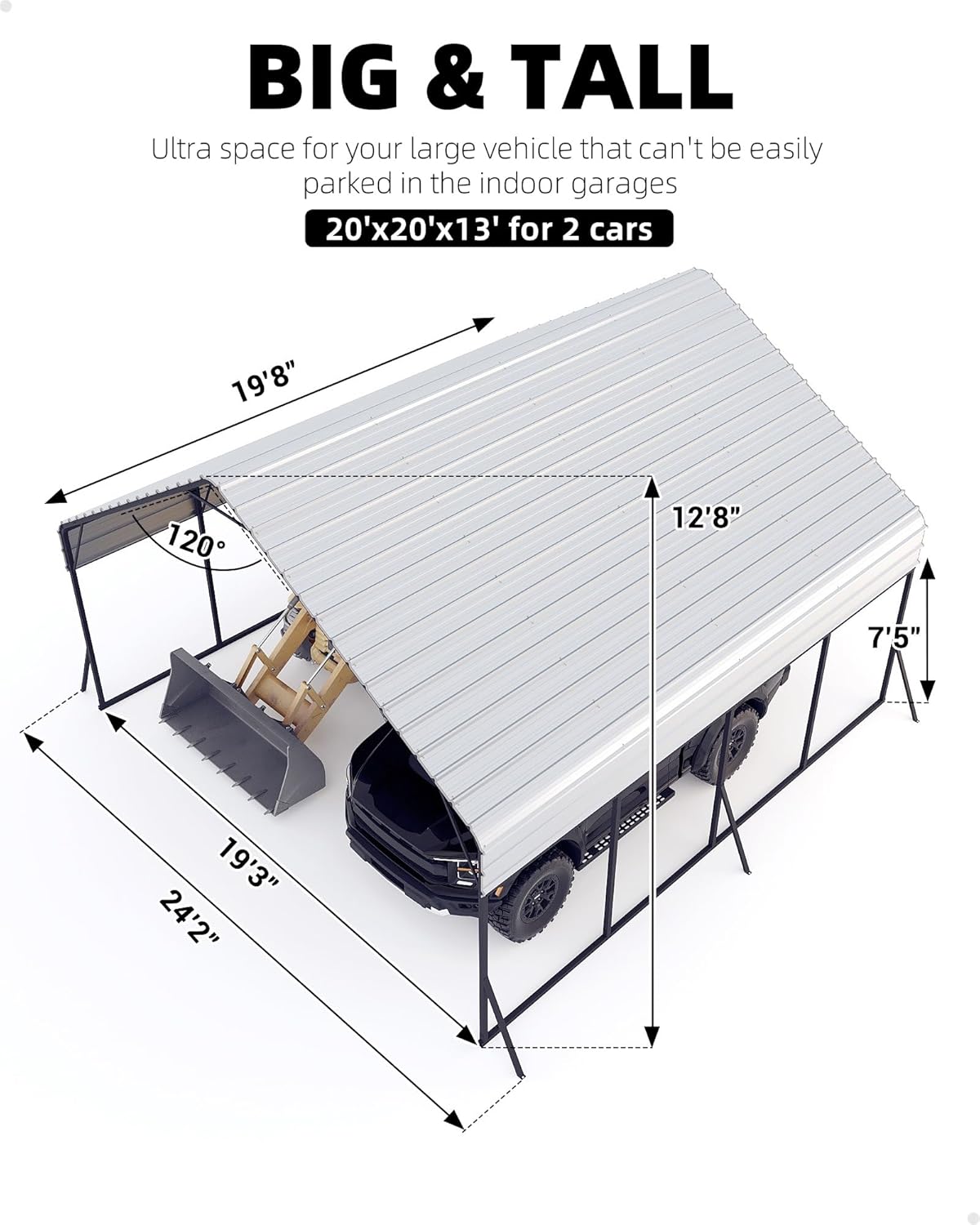 Garveelife 20'x20'x13' Metal Carport for 2 Cars, Heavy Duty Steel Frame for All Weather, Permanent Shelter for Boats, Full-Sized Pickup Trucks, and Tractors, N.W. 800 Lbs