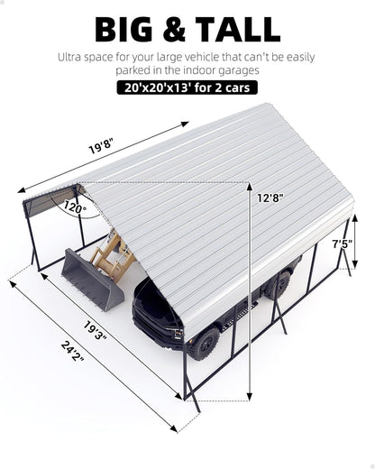 Garveelife 20'x20'x13' Metal Carport for 2 Cars, Heavy Duty Steel Frame for All Weather, Permanent Shelter for Boats, Full-Sized Pickup Trucks, and Tractors, N.W. 800 Lbs