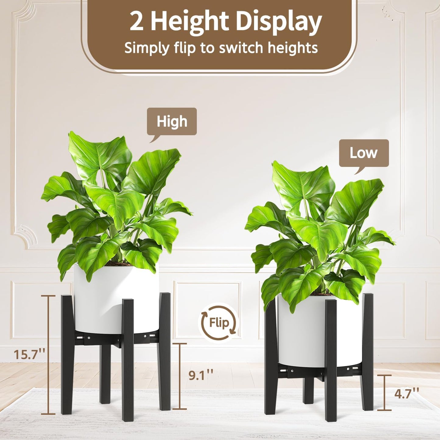 LASZOLA Bamboo Adjustable Plant Stand for Single Large Indoor Planters, Heavy Duty Floor Fern Holder Fits 8 to 12 Inch Pots, Mid Century Elevated Big Stool for Flower– Pot Not Included, Black, 2 Pack