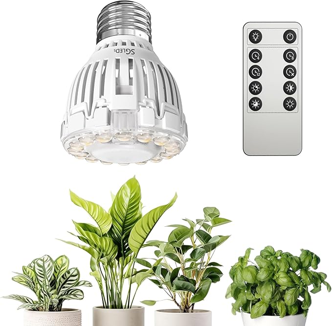 Dimmable Grow Light Bulb for Indoor Plants, Full Spectrum with Remote Control, Auto On Off Timing 4 8 12 Hrs, 10W PAR20 (150 Watt Equiv) Grow Lamp with Optical Lens for High PPFD, Energy Saving