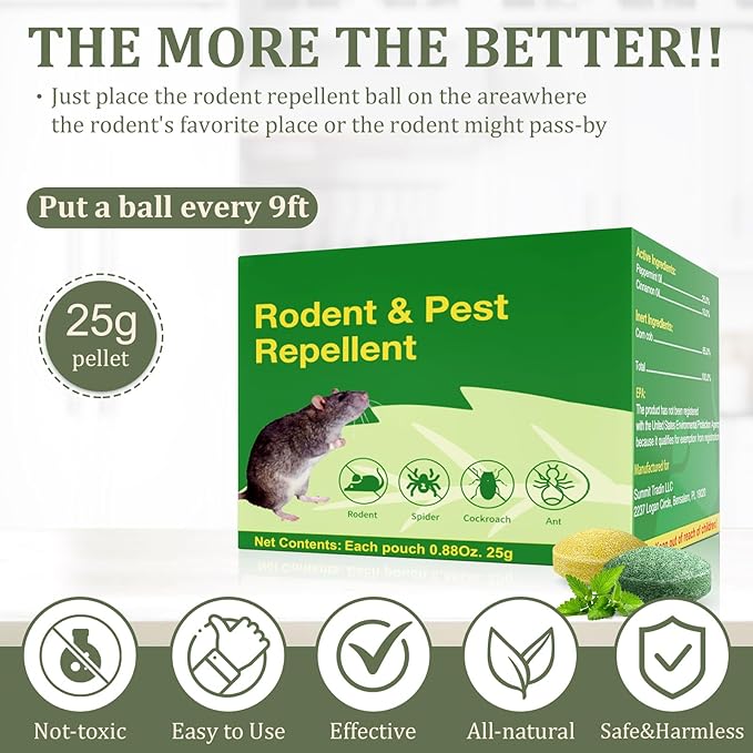 Mouse Repellent Outdoor, 10 Pack Peppermint Oil Mouse and Squirrel Deterrent for Indoor Attic Garage, Safe for Pets & Family, Natural Repellent to Keep Rodents Away from Garden and Home