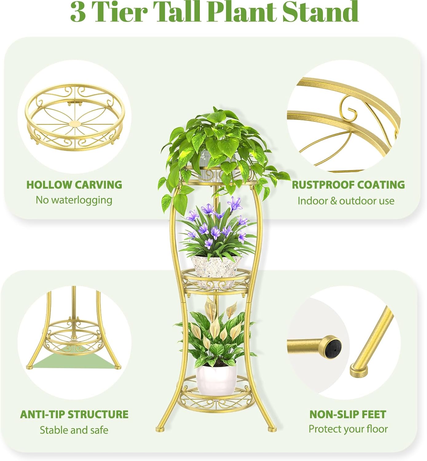 iDavosic.ly 3 Tier Tall Metal Plant Stand Indoor Outdoor, Wrought Iron Corner Flower Pot Holder Shelf, 34 Inch Vertical Display Rack for Patio Porch Living Room Garden, Gold