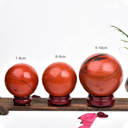 JIC Gem Red Jasper Crystal Ball Natural Quartz Crystal Sphere Stone Ball with Wooden Base (70-80mm)