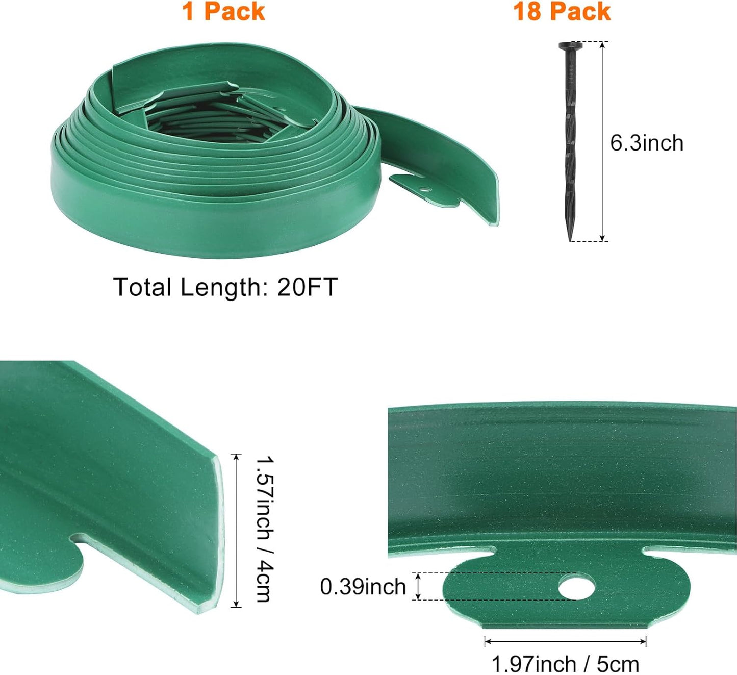 Garden Edging - 20 Feet Plastic Landscaping Edging Border with 18 PCS Spikes Apply to Flower Beds/Grass Lawn/Yard (20FT x 1.57IN, Green)