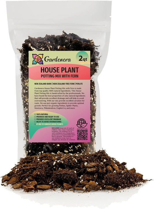 Premium Gardenera House Plant Potting Mix | Fern + New Zealand Bark + Perlite | Great for Pothos, Spider Plants, Montsera, Philodendron, English Ivy - 2 Quart Bag