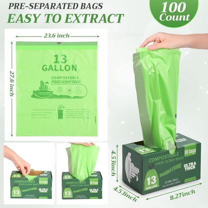 Amyhill 100 Count 13 Gallon Compostable Trash Bags Drawstring Heavy Duty Extra Thick 1.58 Mil 49.2 Liter Garbage Bags 13 Gallon Tall Kitchen Food Scrap Waste for Home Bathroom Garbage, Green