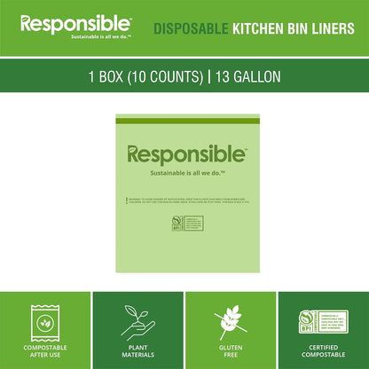 Responsible Products Kitchen Bin Liners, Certified Compostable, Heavy Duty Multipurpose Food Scrap Bags, Made from Compostable Materials (13 Gallon Drawstring, 13 Gallon (10 Count))