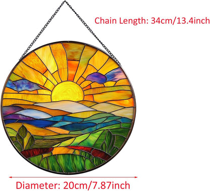 Hanging Stained Glass for Windows,20cm/7.87inch Sunrise Stained Glass Suncatcher Garden Hangings Christmas Mother's Day, Valentine's Day Ornaments Festival Housewarming Gift