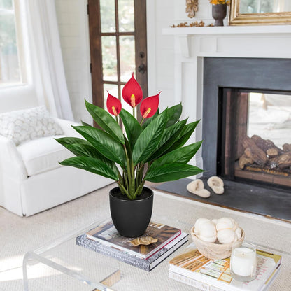 20'' Realistic Red Anthurium Artificial Potted Plant, Fake Flowers for Home Office Farmhouse Kitchen Bathroom Table Shelf Decor