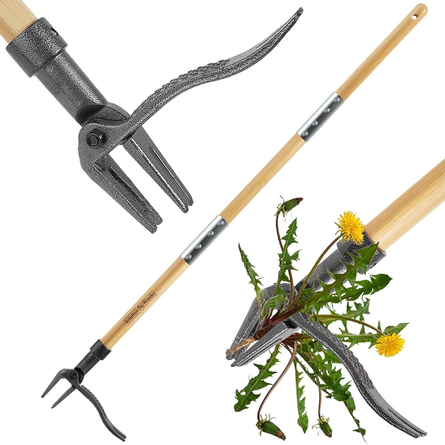 BellaJoyz Weed Puller, Stand Up Weed Puller Tool with Long Handle & 4-Claw Steel Head, 3-Sectioal Pole Design, Garden Hand Weeding Tool - Easily Remove Weeds Without Bending, Pulling,or Kneeling